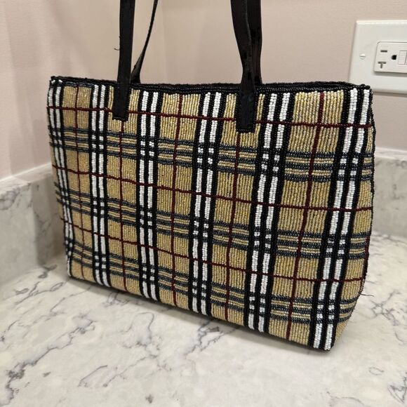Plaid beaded Burberry-print Tote Bag with Black Straps - Picture 4 of 15